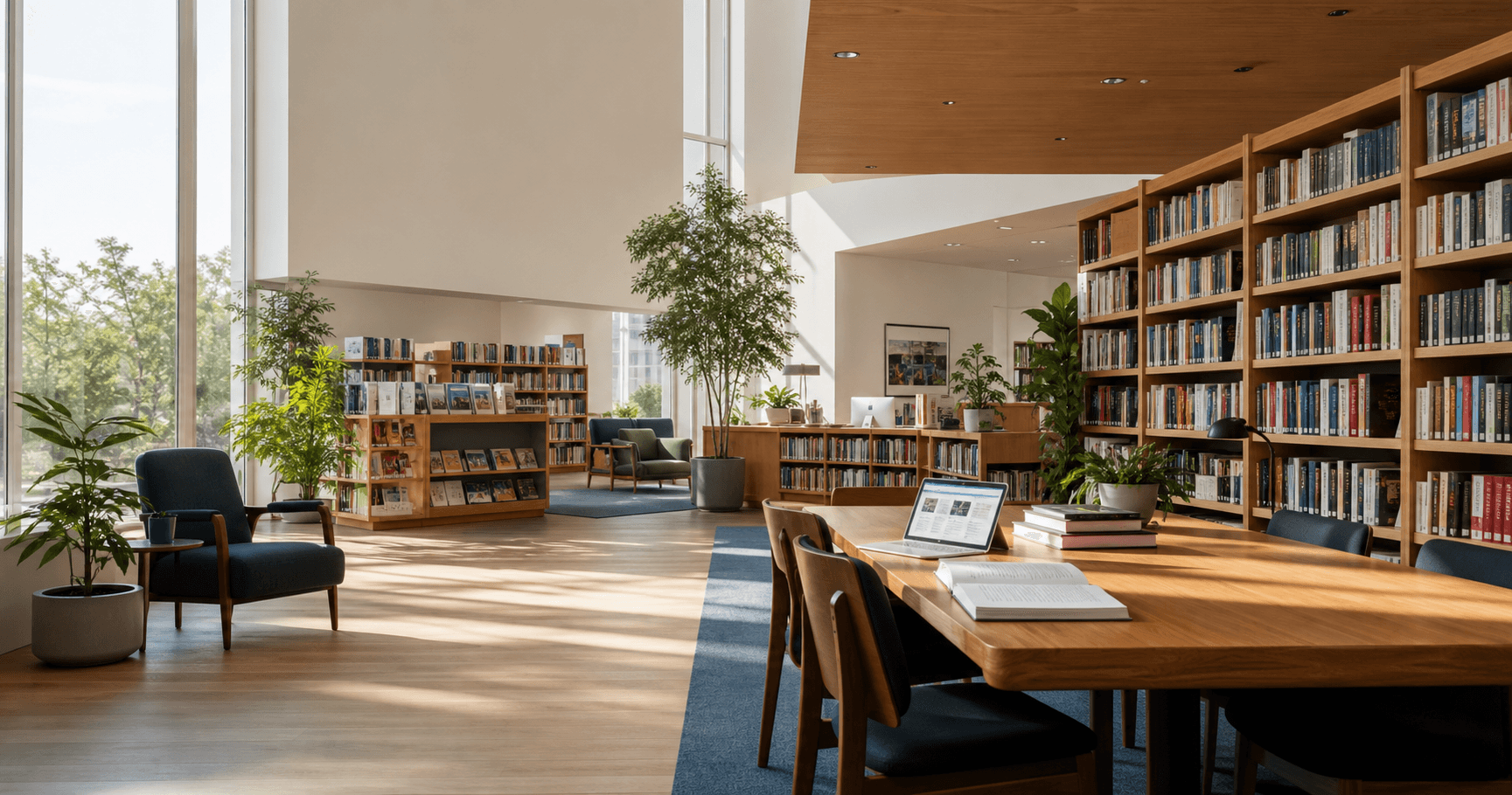 Interior moderno de uma biblioteca com estantes, mesas de leitura e catalogo digital